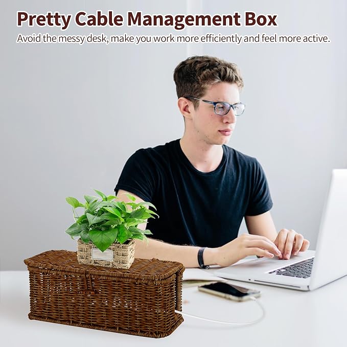 Cable Management Box, Desk Handwoven Rattan Cord Hider Cable Organizer Box With Lid Button Lock, Power Strip Cover Wicker Decorative Basket, Floor Wire Hiding Extension Cord Box (dark brown)