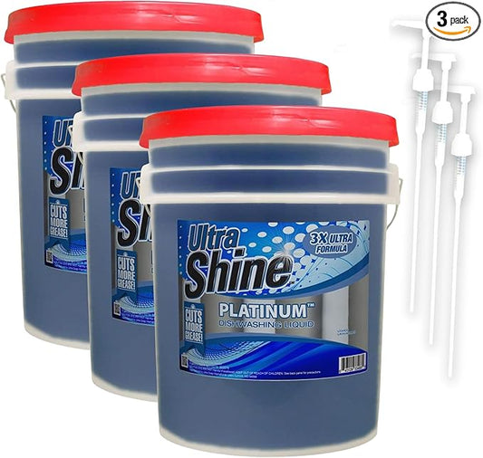 Ultra Shine 3 Pack 3X Platinum Bulk Dishwashing Liquid, Powerful Grease Remover, 5-Gallon - Concentrated Dish Cleaner Soap for Commercial Kitchens, Restaurants & Home Cleaning, Gentle on Hands & Skin