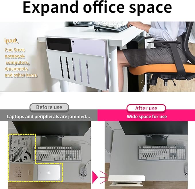 Xapypy Desk Side Storage, Under Desk Storage, No Drill Steel Hanging Desk Organizer, Laptop Holder, Desk Storage Holder for Office & Home.(White)