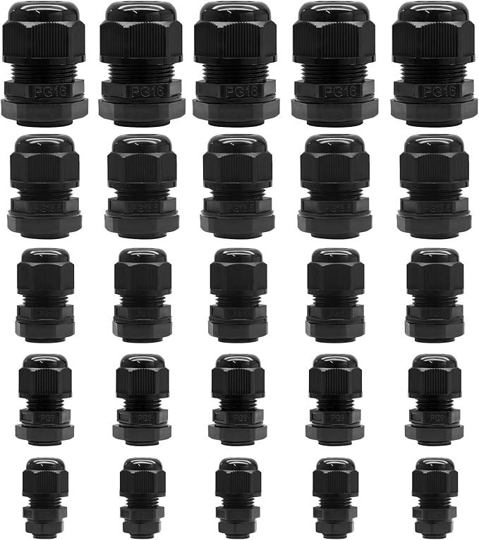 Kyuionty 25 Pcs Nylon Cable Glands, PG7 PG9 PG11 PG13.5 PG16 Strain Relief Cable Cord Connector IP68 Waterproof Junction Box Wire Protectors Adjustable for 3-13mm Cable Diameter