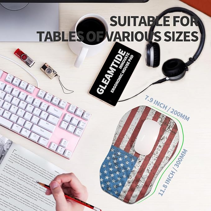 Gleamtide Ergonomic Raised Mouse Pad Wrist Support with Bilateral Slope Memory Foam Mousepad for Wrist Rest and Carpal Tunnel Pain Relief 11.8x7.9〃National Flag