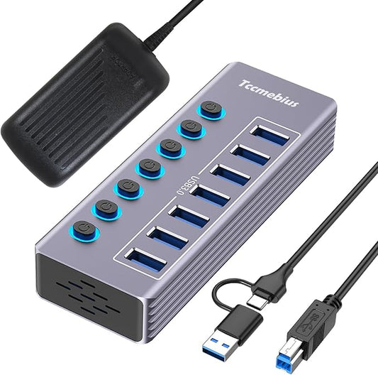 Tccmebius Powered 7-Port USB 3.0 Hub, USB C to 7 Ports USB Data Hub Splitter with Individual LED On/Off Switche, 3.3FT Cable, 12V/3A Power Adapter, for Laptop MacBook Pro/Air PC (Aluminum Gary)
