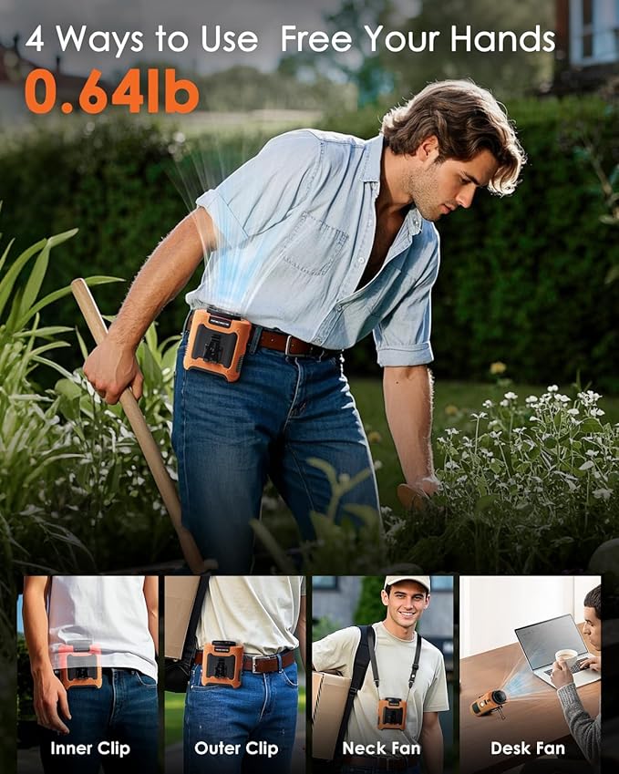 FANSEXPERT Portable Waist Fan Clip on, Personal Wearable Belt Fan 10000mAh Rechargeable Battery Under Shirt,5 Speeds with light, Neck Fan Hands-Free Cooling For Outdoor Camping Travel (Orange)
