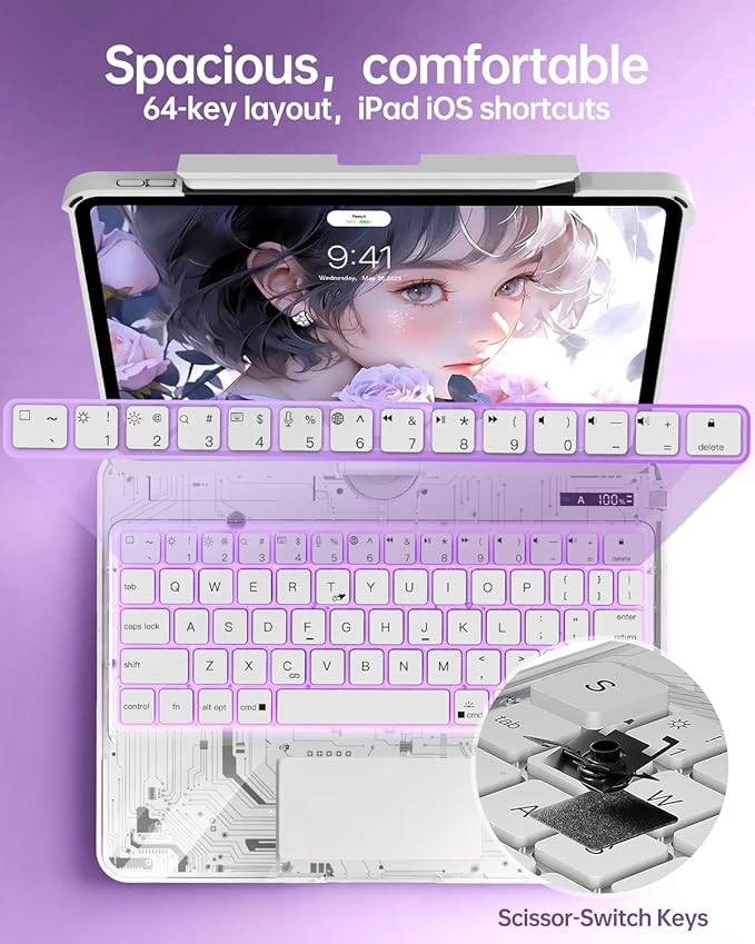 Intermerge Transparent Keyboard Case for iPad Pro 11"(M5,2025/ M4,2024), 360° Swivel Multi-Touch Trackpad, 7-Color RGB Backlit, Pencil Holder, Type-C, Power Indicator, Frost Pulse