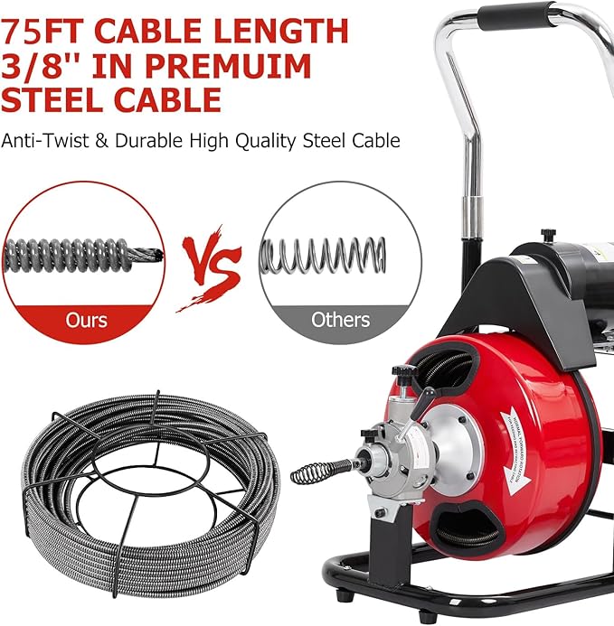 Drain Cleaner Machine 75FT x 3/8 Inch, Professional Sewer Snake Auger, 4 Cutter Blades, Air-Activated Foot Switch, Gloves, Portable Plumbing Tool for 1"-4" Pipes, Bathroom, Kitchen, and Sewer Clog