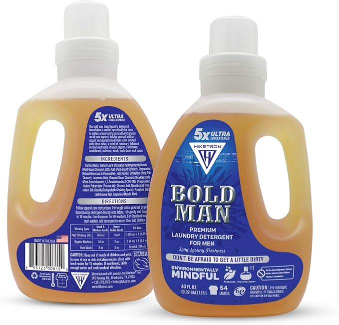 Hiketron Bold Man Liquid Laundry Detergent, 5x Ultra Concentrated, Tough Stains Remover Washing Detergent, Long Lasting Masculine Scent (40 Fl Oz, Pack of 1)