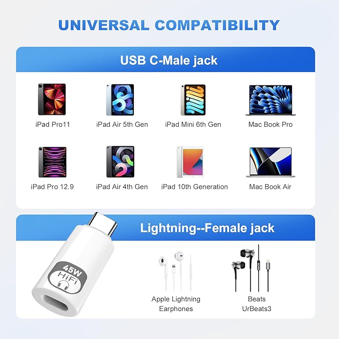 JBJBBG USB C to Lightning Headphone Audio Adapter, 3-in-1 Type C Male to Female Lightning Earphone Converter with Charge/Data Transfer,Compatible with iPhone 16/15 Plus/Pro/Max, iPad Pro/Air 6/5/4