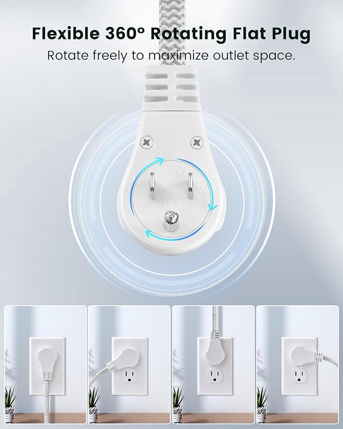 SURAIELEC Flat Extension Cord 3FT, 360° Rotating Flat Plug Extension Cord with 3 Outlets, Braided White Cord for Indoor Use, Small Space, Compact Areas, 16/3C SPT, ETL Listed, 2 Pack