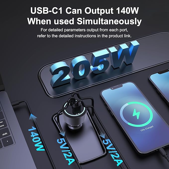 Ubigbuy 205W USB C Car Charger - 3-Ports, PD3.1 140W