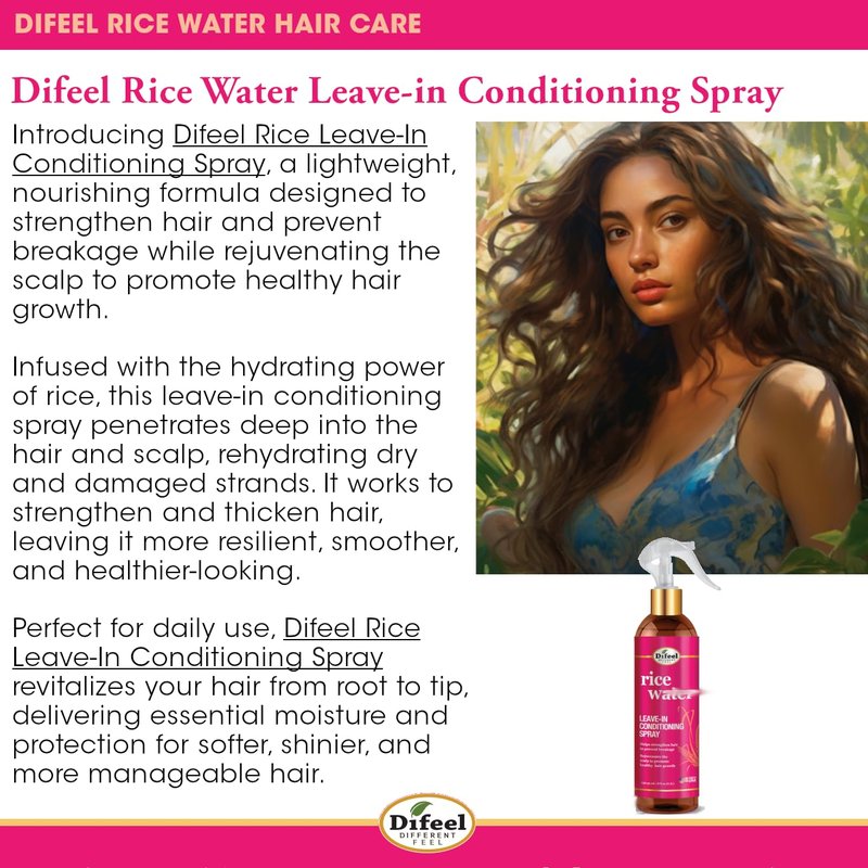 Difeel Rice Water Leave-in Conditioning Spray 8 oz. - Spray Leave in Conditioner For Dry Damaged Hair