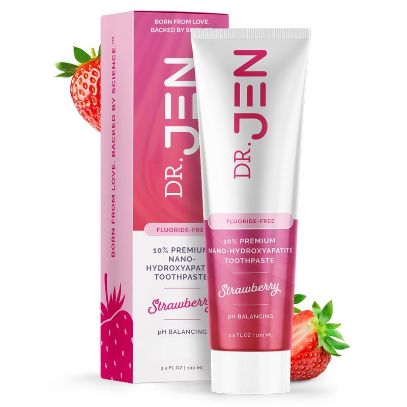 Dr. Jen Fluoride Free Toothpaste with 10% Premium Nano Hydroxyapatite, Xylitol & Glycerin, Remineralizing Daily Oral Care for Sensitive Teeth, Travel Essentials, Strawberry, 1 Pack