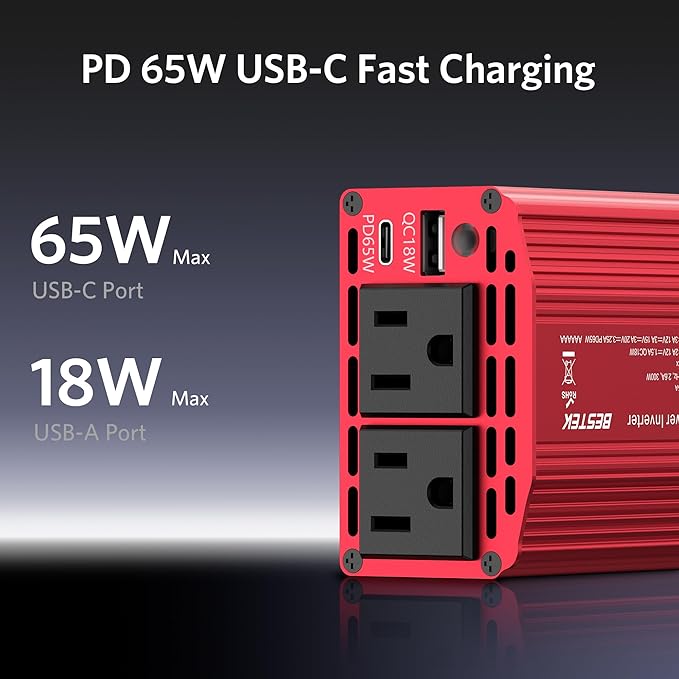BESTEK 300W Power Inverter with 65W USB-C QC3.0 Ports - 12V DC to 110V AC Car Converter Charger for Vehicles - 11V-17V Aluminum Housing Car Plug in Cigarette Lighter Adapter Outlet for Laptop