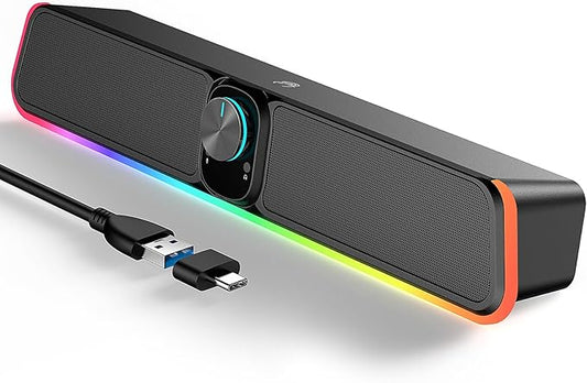 BUSP-HYY Computer Speakers - Wired USB Powered Bluetooth Computer Sound Bar with RGB & Volume Knob, HiFi Stereo Portable Gaming Sound Bar Speaker for Desktop Monitor, PC, Laptop, Tablets, Mac Air/Pro