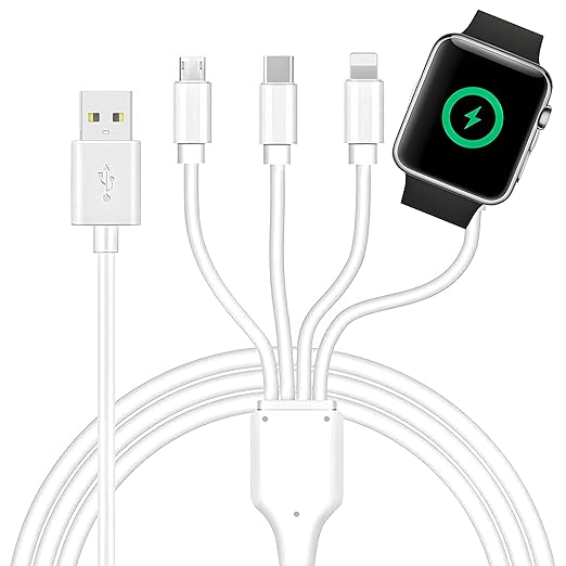 TOP-UP 4 in 1 Watch & Phone Charger Cable – Travel Essentials Multi Charging Cable for Apple Watch, iPhone, USB-C & Micro, Multi Device Charger Cord, 4FT