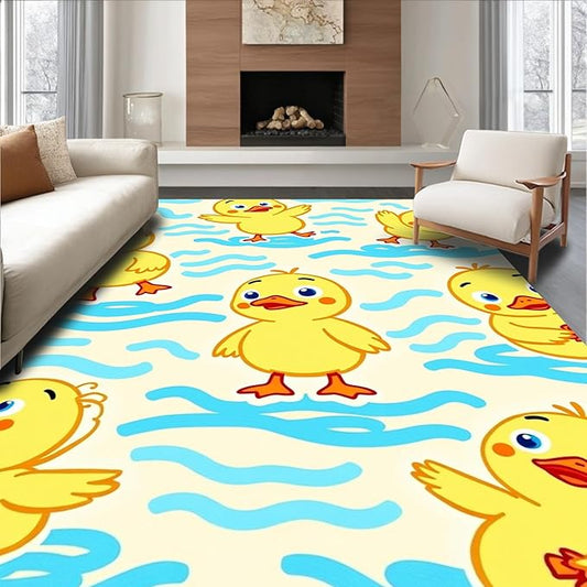 Flatwoven High Traffic Area Rug 8x10, Whimsical Pond Life Cartoon Animal Illustration Hook, Non Slip, Stain Resistant, Washable Area Rugs for Living Room, Bedroom (Yellow, 8x10)