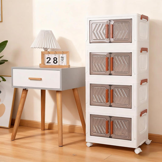 Skiennix 4-Tier Stackable Storage Bins with Lids - Foldable Containers with Wheels & Transparent Door