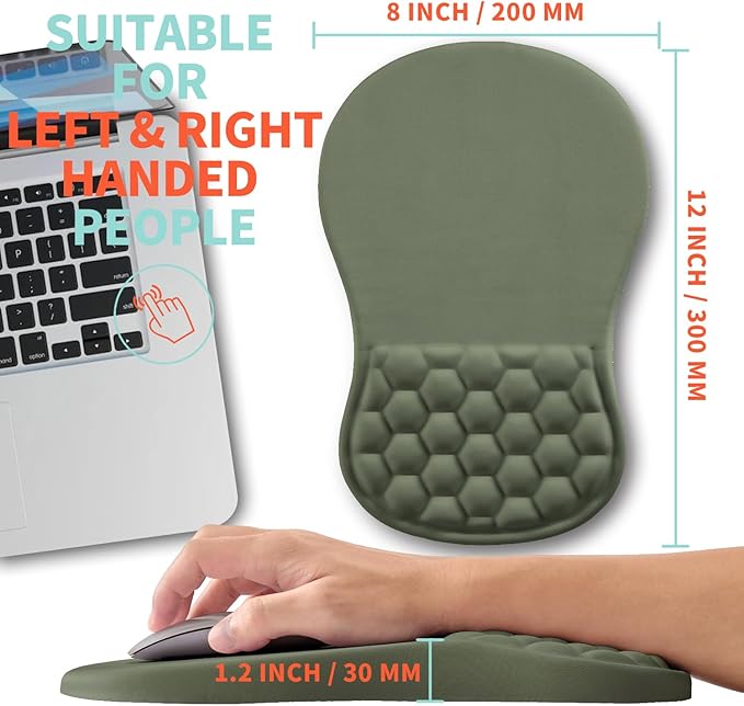 Kuosgm Ergonomic Mouse Pad Wrist Support with Memory Foam Massage Bulge, Carpal Tunnel Pain Relief Mousepad Wrist Rest for Mouse(12x8 inch,Olive Green)