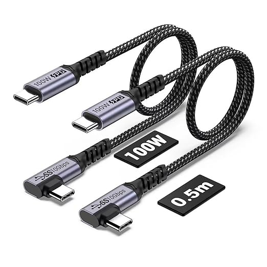 SUMPK 100W Short USB C Cable 3.1 Right Angle [1.5FT 2 Packs], 5A Fast Charging, 10GBbps High Speed Data E-Marker Chip Cords, 4K@60Hz Video Display