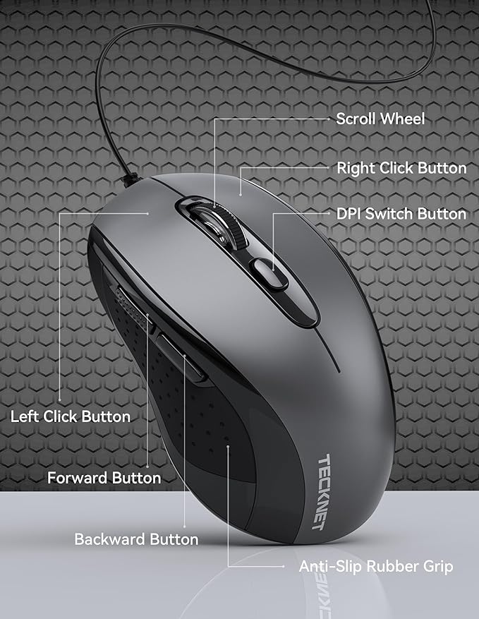 TECKNET USB-A Wired Mouse for Laptop Computer with 2-Button,Home and Office 5FT Corded Mouse, 1600DPI Ergo-Optic Shape PC Mouse Wired for Chromebook,PC,Desktop,Notebook-Black