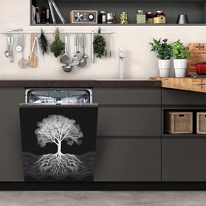 Tree of Life Dishwasher Magnet Cover, Retro Black Dishwasher Panel Decal Kitchen Refrigerator Magnets Decor Dishwasher Stickers for Farmhouse 23" x 26"