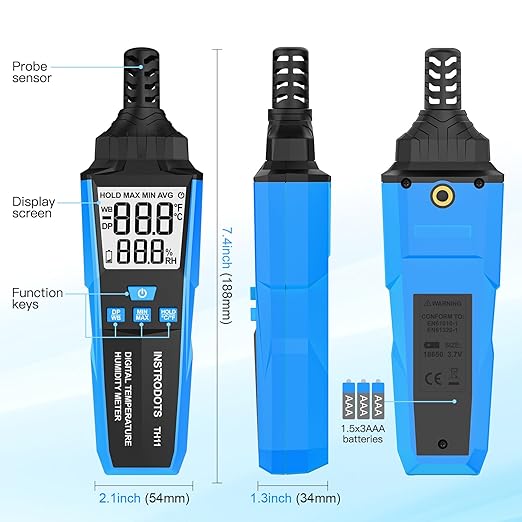 INSTRODOTS Temperature Humidity Meter, High Precision Digital Hygrometer with Ambient, Dew Point, Wet Bulb Temperature for Indoor Outdoor, Thermometer with Min/Max, Data Hold, LCD Backlight, TH11