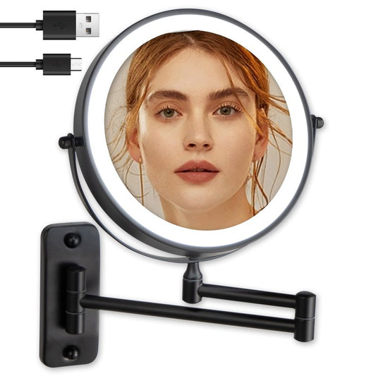 Wall Mounted Makeup Mirror, 1X/10X Magnifying, 360° Rotation, 3 Color LED Lighting, Touch Screen Dimming, Extended Arm, Black Bathroom Mirror