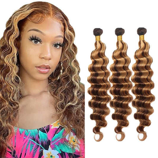 P4/27 Highlight Blonde Bundles Human Hair Deep Wave Bundles Human Hair 18 20 22 Inch Brazilian Hair 3 Bundle Brown Unprocessed Virgin Remy Hair Extensions 50 Gram Per Bundle
