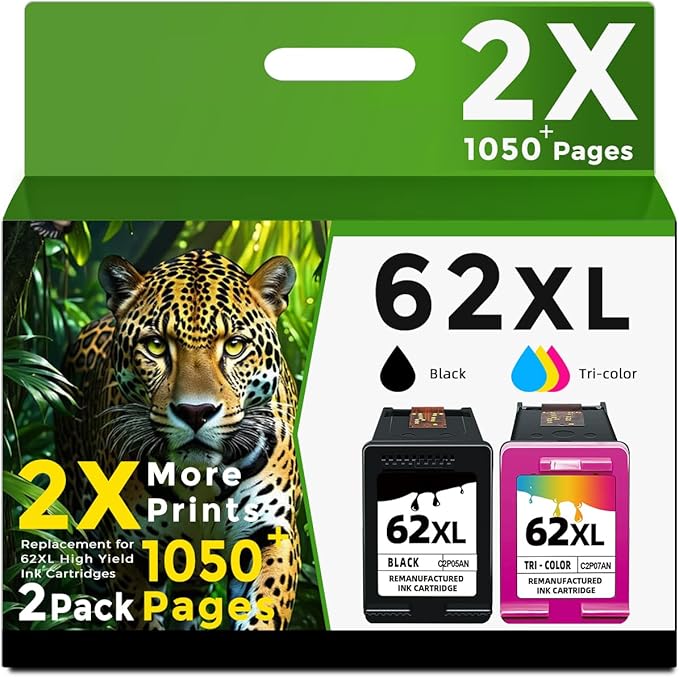 62xl Ink Cartridges Replacement for HP Ink 62 XL HP62XL HP62 Black Color Combo Pack for Envy 5660 7640 7645 5540 5542 5549 5642 5660 5663 7644 5661 5662 OfficeJet 5745 5740 5741 5742 200 250 (2 Pack)