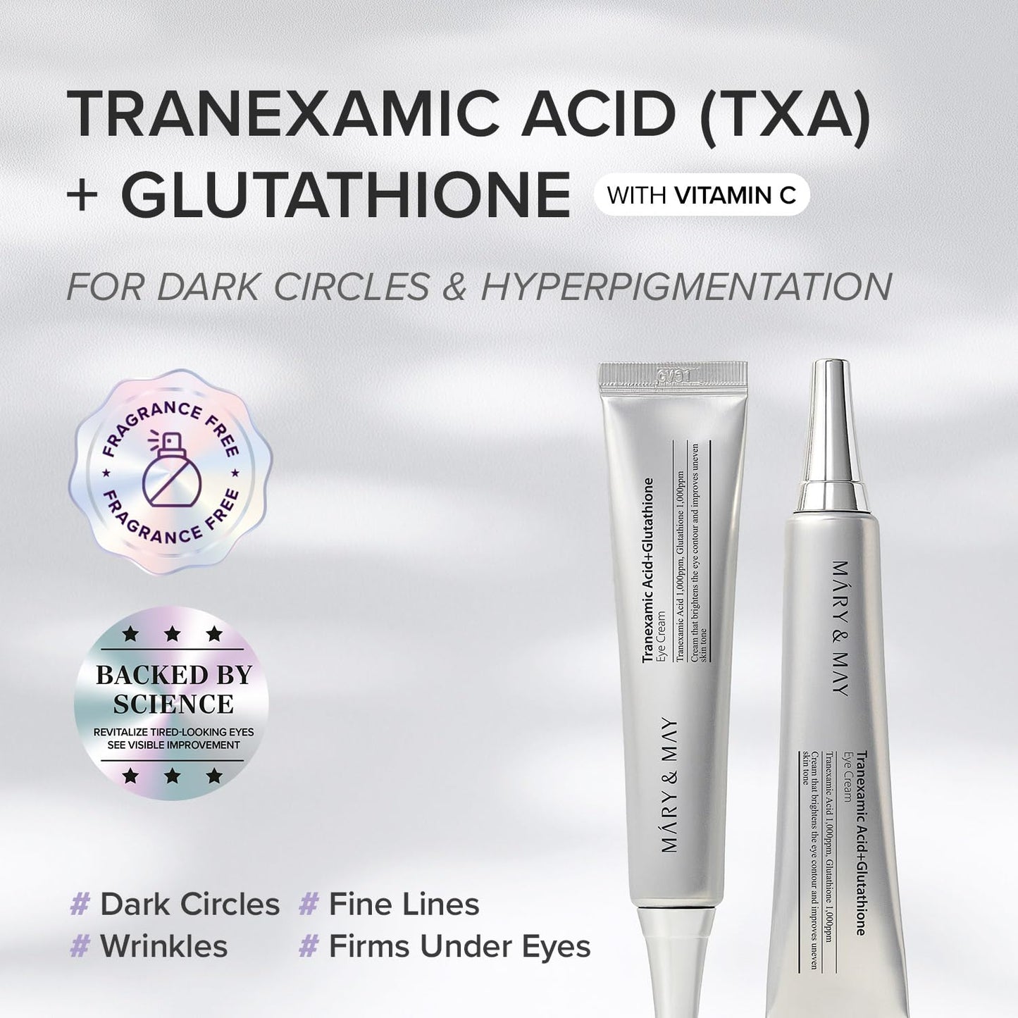 Mary&May Tranexamic Acid + Glutathione Eye Cream Set (1,000ppm each) – Brightening Under Eye Cream for Dark Circles & Uneven Tone, Vitamin C, Niacinamide – 1.06 oz + 0.8 oz