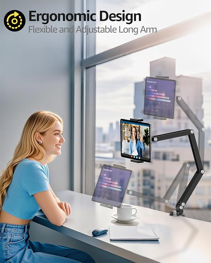Urmust iPad Holder for Desk & Bed, Adjustable Foldable Tablet Arm iPad Holder Clamp Mount, 360° Rotation, Fits iPad Pro/Air/Mini, iPhone, Portable Monitor 4.7"–15.6" Device, Gifts for Tech Lovers