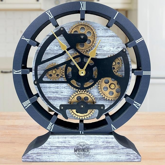 ImprovingLife The Gears Clock Desk Clock 10 inches with Real Moving Gears Convertible into Wall Clock (Silver Glamour)