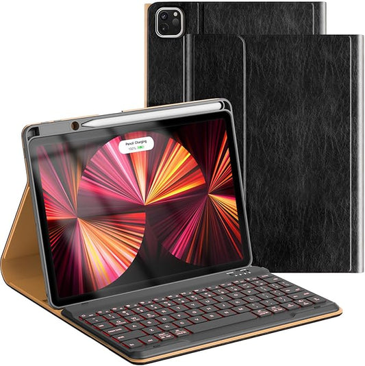 OPAKIT PU Leather Keyboard Case for iPad Air 5th/4th Generation 10.9 Inch & Pro 11 Inch 1st-4th Gen, 7-Color Backlit BT Folio Keyboard with Pencil Holder, Compatible with iPad Air 11 Inch M2 (Black)