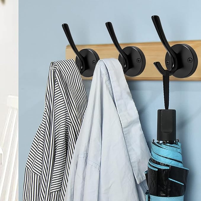 NETLKLA 4 Packs Black Coat Hooks, Decorative Double Prong Metal Closet Hooks for Hanging Towels, Robes in Bathrooms, Kitchen