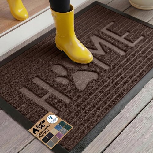 GORILLA GRIP 100% Waterproof All-Season WeatherMAX Doormat US Designed Natural Rubber, Stain and Fade Resistant, Low Profile Indoor Outdoor Door Mats, Easy Clean Patio Mat, Espresso Home Paw