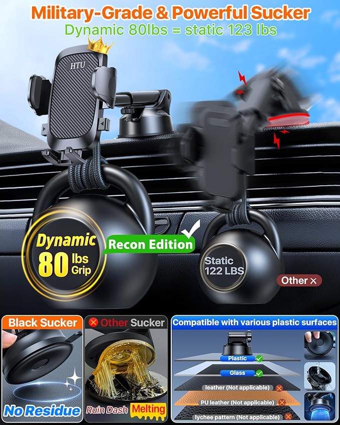 HTU Car Phone Holder【2026 Upgraded 100+LBS Suction & Safety Cert】 Cell Phone Car Mount for Truck Heavy Duty Phone Holder for Dashboard/Windshield/Vent for iPhone 17 16 Pro Max, Dark Black