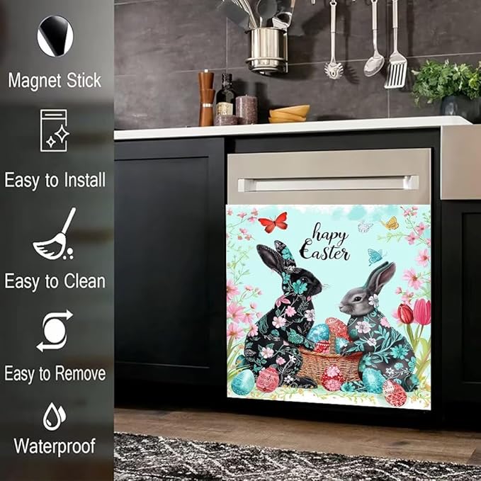 Happy Easter Kitchen Decor Dishwasher Magnet Cover Decal, Bunny Rabbits with Floral Magnetic Dish Washer Panel Door Vinyl Sticker, Refrigerator Magnets,Easy to Clean, 23 x 26 inch