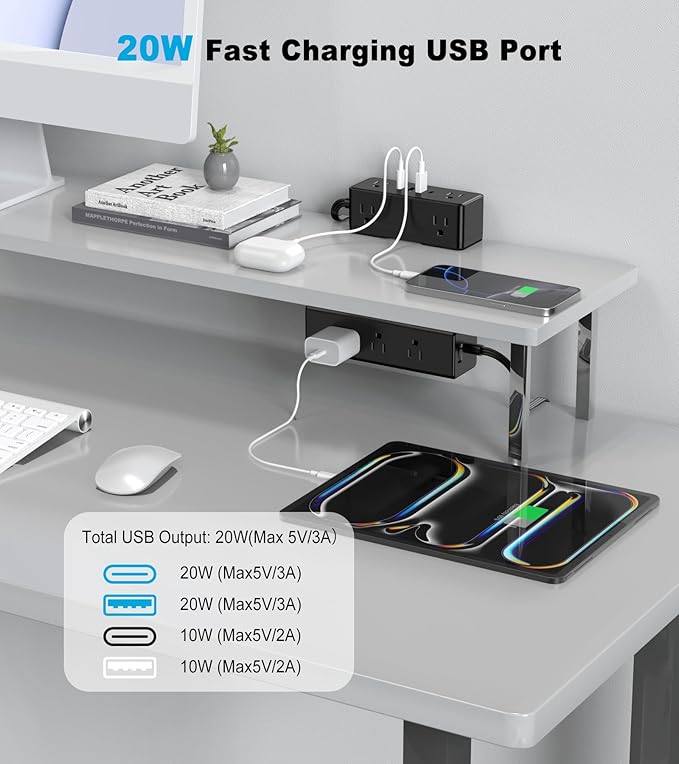 Dual Layer Desk Clamp Power Strip, Desktop Edge Mount Surge Protector with 15 AC Outlets & 4 USB Ports(20W USB-C), Ultra Thin Flat Plug & 10FT Power Cord for Office Home(ETL Listed)