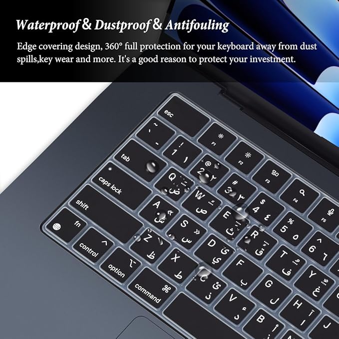 Arabic Keyboard Cover Skin for Apple 2026 2025 2024 2023 2022 MacBook Air Laptop with M5 M4 M3 M2 chip 15.3 inch A3448 A3241 A3114 A2941/MacBook Air 13.6 inch A3449 A2681 A3113 A3240 Protector-Black