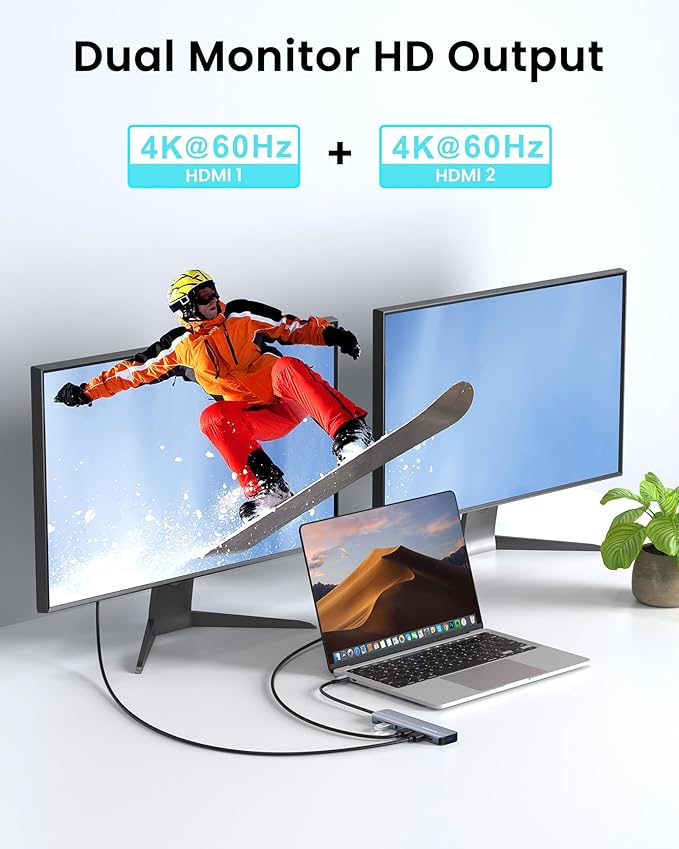 Glomtheia USB C Hub Docking Station Dual Monitor for Laptop, MacBook Air/Pro Dock Adapter Multiport Dongle with 2 HDMI Ports 4K 60Hz, 100W PD Charging, 3 USBA 3.0 & USBC