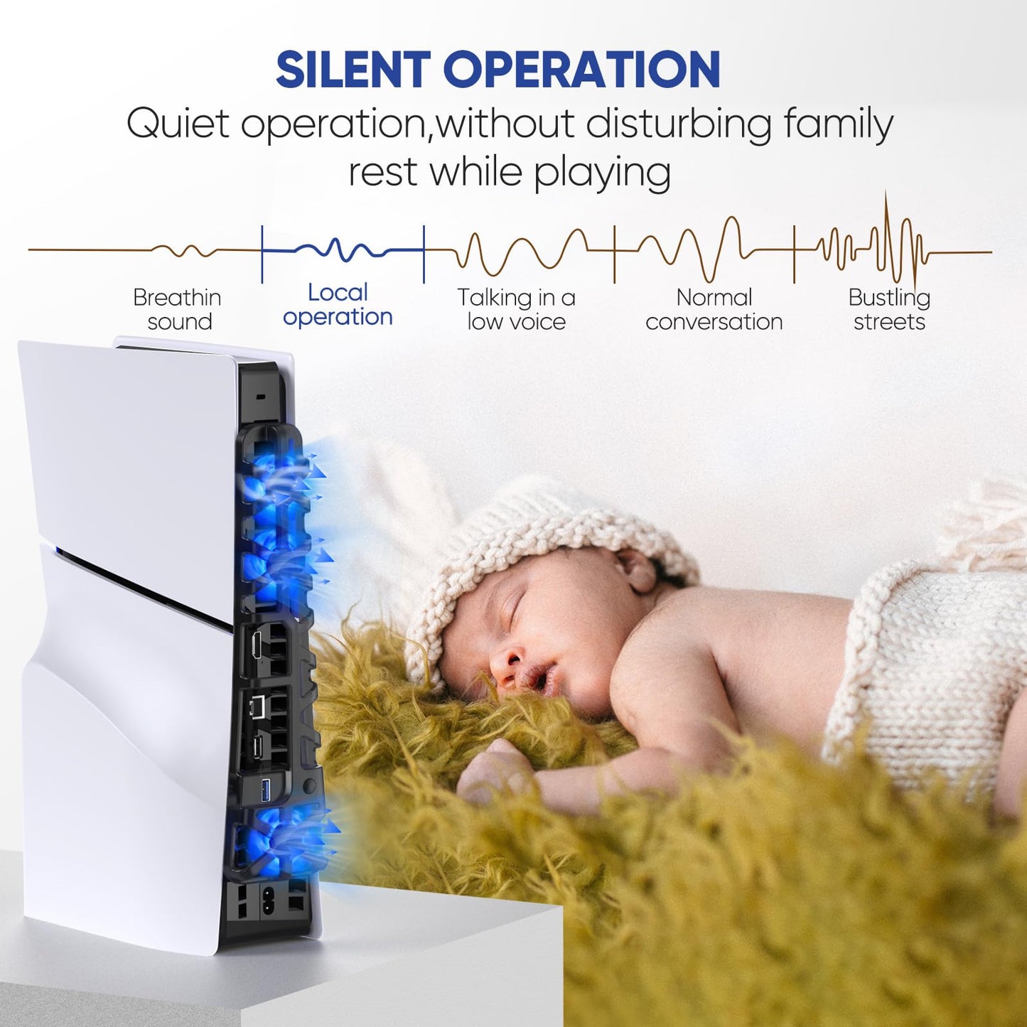 Klipdasse PS5 Slim Cooling Fan with LED Light, Adjustable Speed (3 Mode), USB 3.0 Port, Silent Enhanced Cooling Fan Compatible with PS5 Slim Disc & Digital - Black