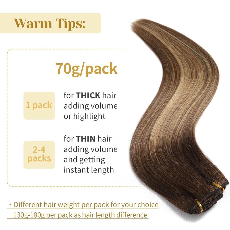 Real Human Hair Clip-In Extensions - Ombre Chocolate Brown to Caramel Blonde | 14 Inch, 7pcs, 70g