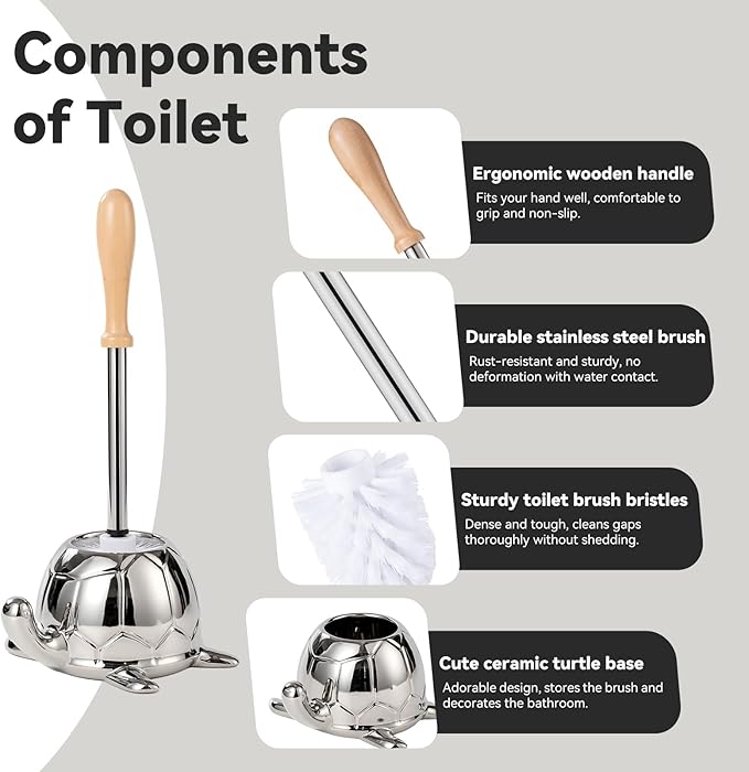 Toilet Brush and Holder Set, Ceramic Turtle Base Toilet Brush Set - 7.5â Bowl Cleaner, Toilet Scrubber Brush with Ergonomic Handle (Silver)