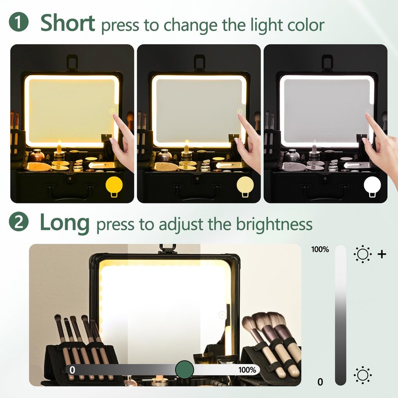 GALHUBIS Makeup Case with Lighted Mirror, Makeup Box Organizer with Detachable LED Mirror, Travel Makeup Train Case, Waterproof Cosmetic Organizer, Standing Makeup Brush Holder, Gift, Black Green