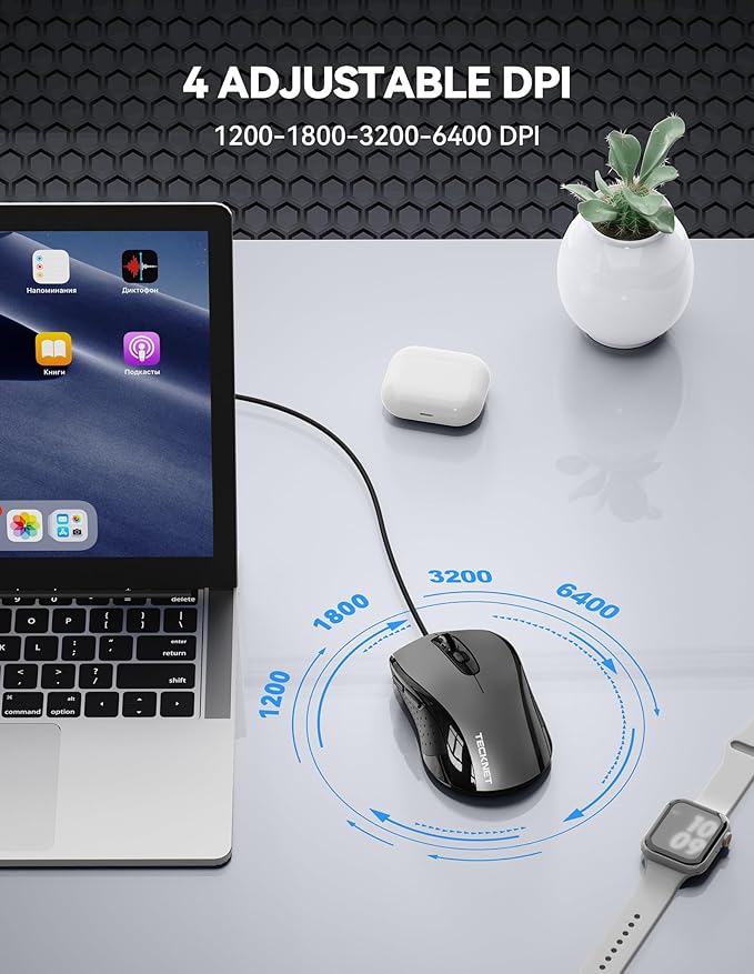 TECKNET USB-A Wired Mouse for Laptop Computer with 2-Button,Home and Office 5FT Corded Mouse, 1600DPI Ergo-Optic Shape PC Mouse Wired for Chromebook,PC,Desktop,Notebook-Black