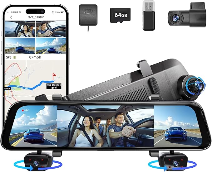 2026 Rearview Mirror Camera,4 Channel Mirror Dash Cam Front and Rear,Rear View Mirror Backup Camera for Cars & Trucks,12" Touch Screen,Built-in 5.8GHz WiFi,GPS,IR Night Vision,Free 64GB SD Card