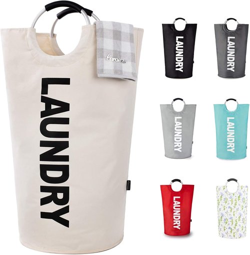 Caroeas 100L Laundry Basket - Large Collapsible Hamper with Padded Handles | Beige, Free-Standing Design