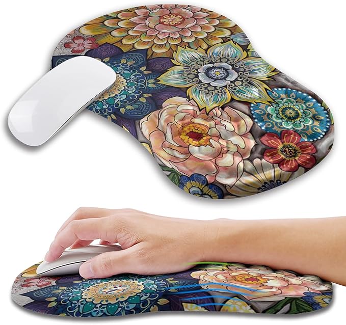 Kuosgm Ergonomic Mouse Pad Wrist Support with Memory Foam Massage Bulge, Carpal Tunnel Pain Relief Mousepad Wrist Rest for Mouse(12x8 inch, Blooming)
