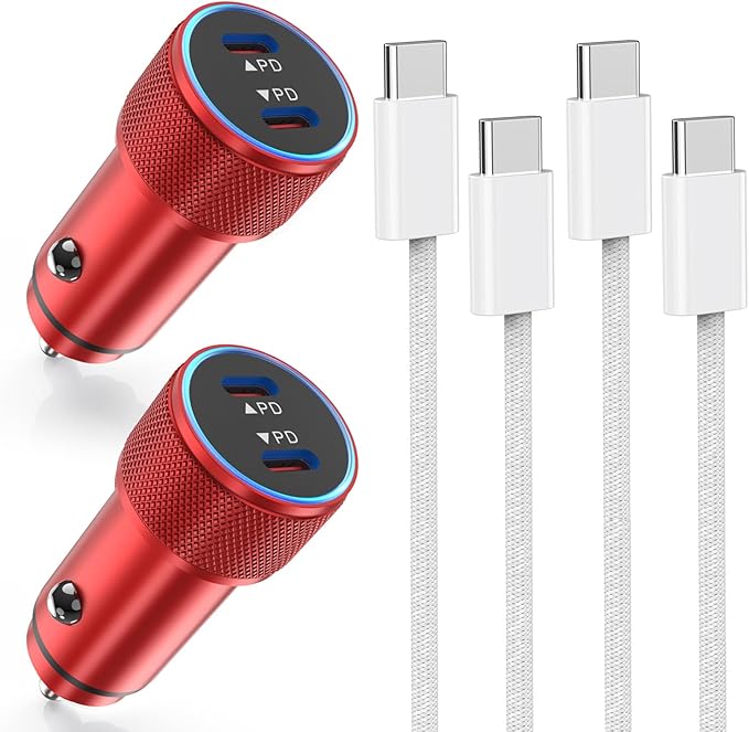 Fast Car Charger for iPhone 16,USB C Charging iPhone 2Pack Dual USB C Port Car Charger Block Cigarette Lighter Adapter Plug with Woven Braided USBC to USBC Cord for iPhone 16/16 Pro/15/iPad(Red)