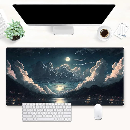 Anime Aesthetic Desk Mat - Large Gaming Mouse Pad XXL (31.5 x 15.7 in) - Extended Full Moon Cloud Keyboard Pad with Stitched Edges, Non-Slip Base for Home Office & Gaming Setup