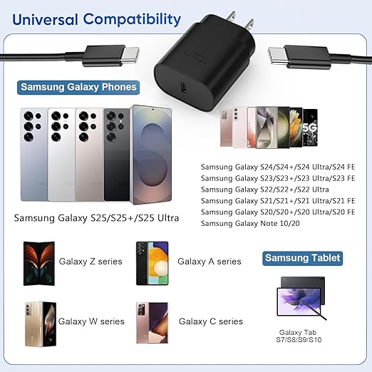 10FT Samsung Fast Charging Type C,2Pack 25W 10Foot Long Android Type C Phone Charger Block USBC to USBC Cable Fast Charging for Samsung Galaxy S25 Ultra/S25/S25+/S24+/S24 Ultra/S24/S23/iPhone 17 16 15
